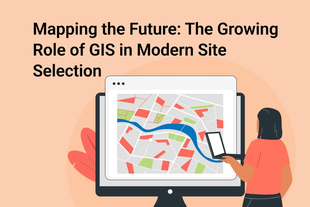 Illustration of a person holding a tablet beside a large monitor displaying a stylized map with colored zones and a river line.