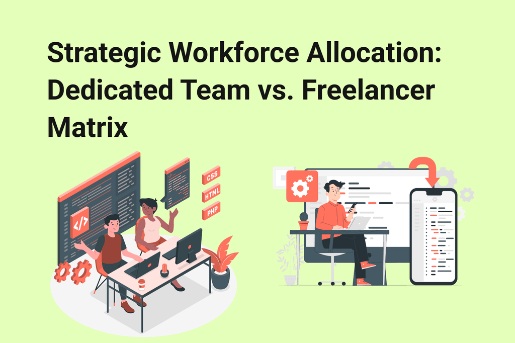 An illustration comparing a collaborative team working together and a single freelancer working independently at a desk with a smartphone.
