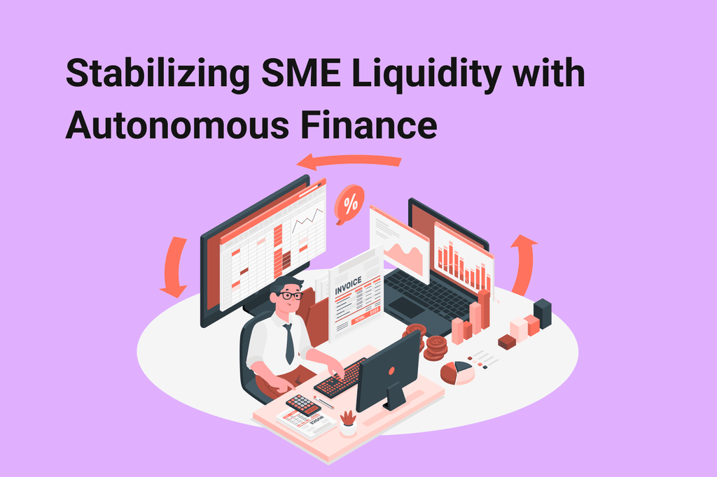 Illustration of an accountant working at a desk with multiple finance dashboards and an invoice on surrounding screens, with curved arrows indicating a continuous workflow loop.