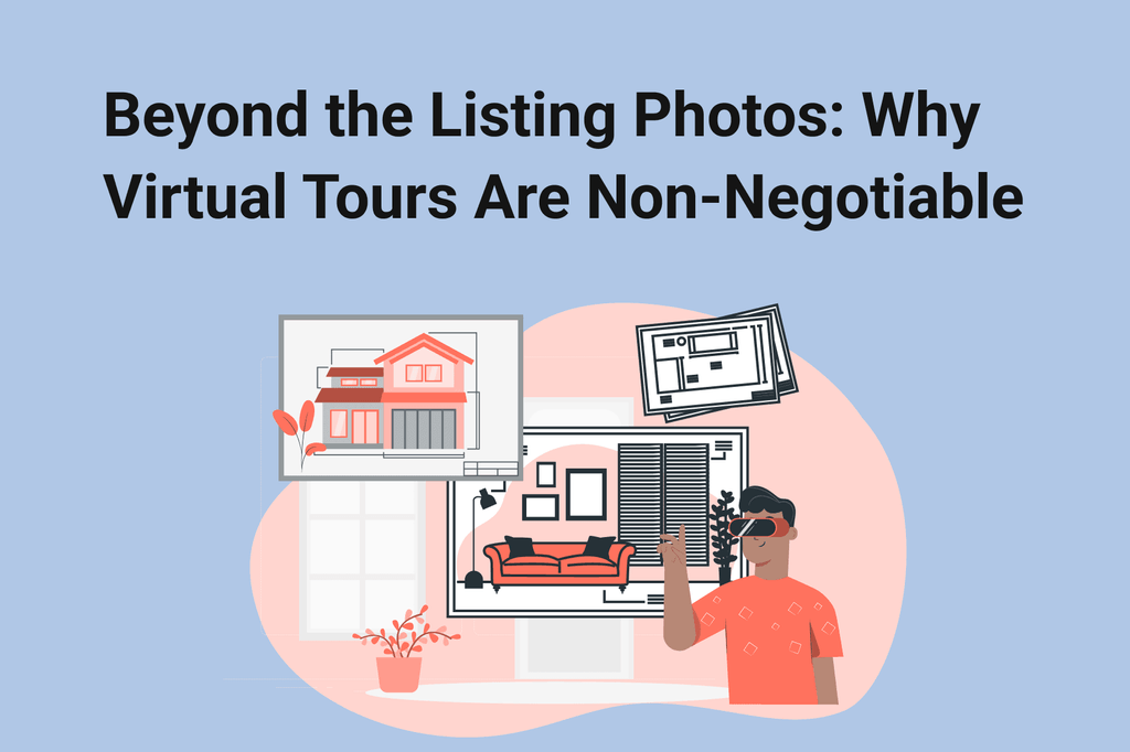 A person with a VR headset is experiencing a virtual tour of a house exterior and interior; a blueprint of the house is displayed in the background.